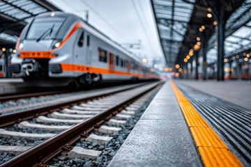 Modern train arriving at a busy railway station platform