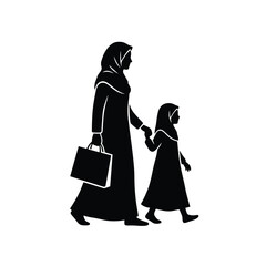 Muslim Mother Shopping With Daughter – Islamic Family Silhouette Vector