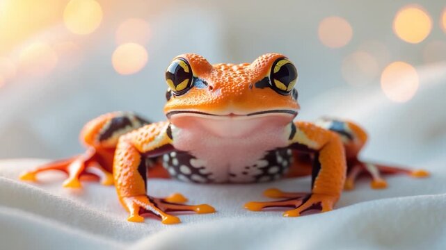 Vibrant orange and black frog with striking patterns perched on soft fabric backdrop exhibiting a close-up view showcasing intricate detail in its glossy skin under warm soft light with bokeh effect.
