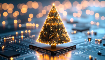 A glowing miniature Christmas tree made of light stands on a microchip within a futuristic blue circuit board, surrounded by golden bokeh lights.