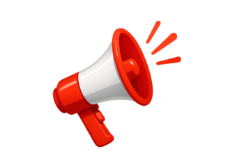 Red and white megaphone or loudspeaker graphic with sound waves, symbolizing announcement or attention
