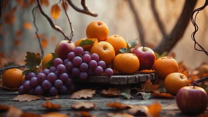 Vibrant collection of autumn fruits including grapes oranges and apples arranged on a wooden platter amidst fallen leaves and twisted branches captured in soft natural light creating warm tones.