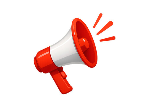Red and white megaphone or loudspeaker graphic with sound waves, symbolizing announcement or attention