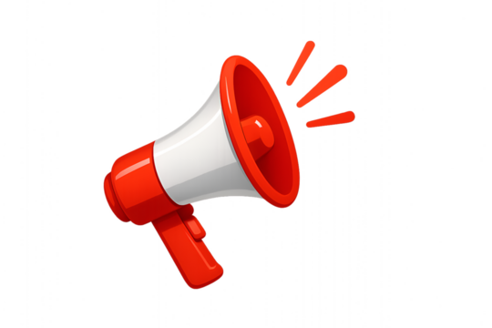 Red and white megaphone or loudspeaker graphic with sound waves, symbolizing announcement or attention