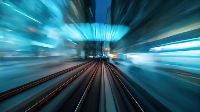 Dynamic urban night train journey through blurred city lights and abstract motion, 4k high quality footage