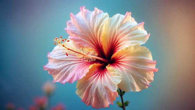 Close-up of vibrant hibiscus flower blooming with soft pink and white petals and delicate yellow stamen set against a blurred pastel background with subtle lighting variations through the video.