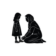 Muslim Mother Tying Daughter’s Shoe – Islamic Parenting Silhouette Vector