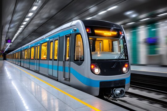 Subway train arriving at modern underground station platform