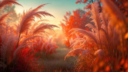Vibrant autumnal landscape featuring soft pink and orange pampas grass swaying gently in the breeze amidst warm-toned foliage captured in beautiful warm light at different times of day