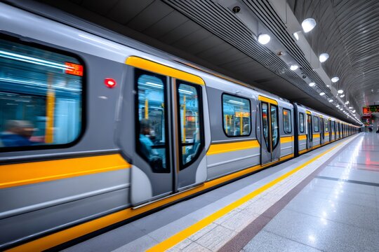 Subway train arriving at modern urban station - Powered by Adobe