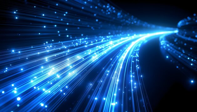 Futuristic glowing fiber optic cables with blue light beams transferring data