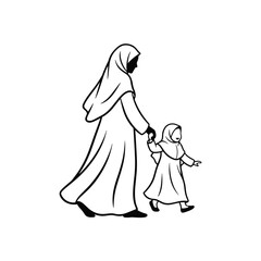 Muslim Mother Walking With Little Daughter – Islamic Family Silhouette Vector