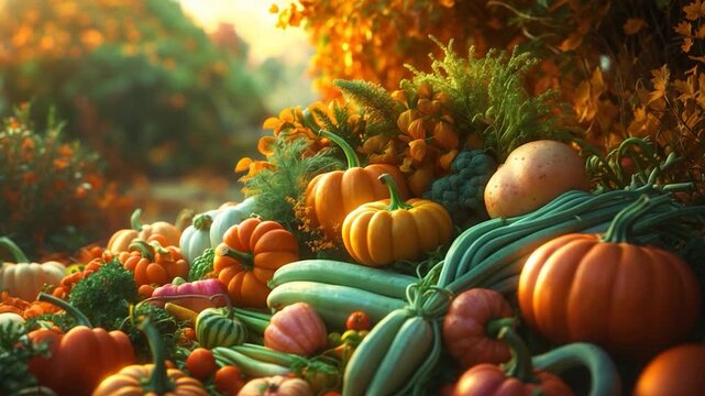 Lush arrangement of colorful pumpkins squash and vegetables in an outdoor setting illuminated by soft natural light surrounded by vibrant autumn foliage showcasing warm orange green and yellow hues