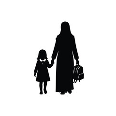Muslim Mother Walking With Daughter to School – Islamic Family Silhouette