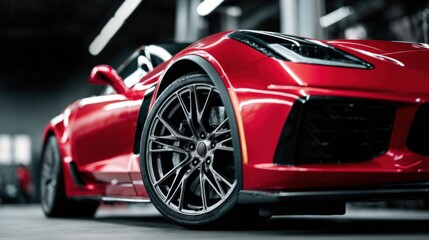Close-up of a sleek red sports car, showcasing its stylish design and powerful presence