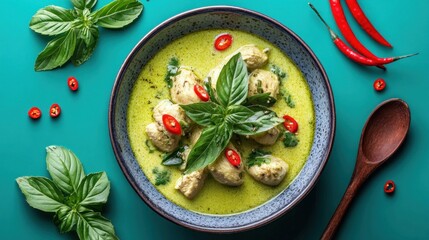 Delicious Thai green curry with chicken and fresh basil, a flavorful culinary delight