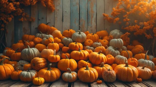 Vibrant display of assorted pumpkins in various shapes and sizes arranged artfully in a rustic wooden setting illuminated by warm natural light showcasing rich orange and gray hues against a textured