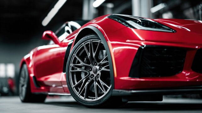 Close-up of a sleek red sports car, showcasing its stylish design and powerful presence