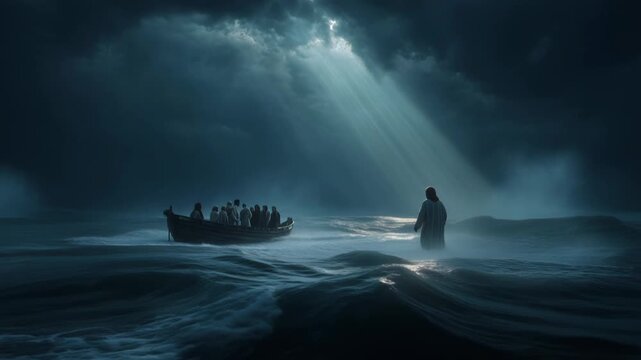 Walking on water at night with Jesus and the disciples during a storm in a small boat