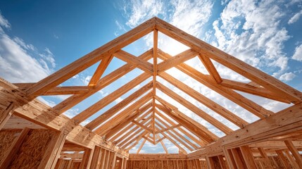 Obraz premium Wooden roof structure of a new home under construction against a blue sky