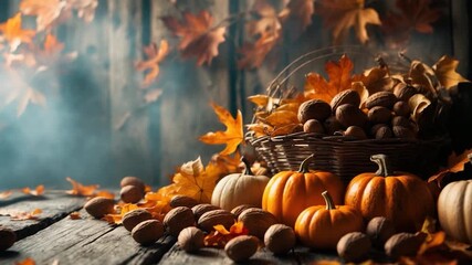Warm autumn scene featuring vibrant orange pumpkins assorted nuts and falling leaves arranged on a rustic wooden table illuminated by soft natural light with a smoky background atmosphere - Powered by Adobe
