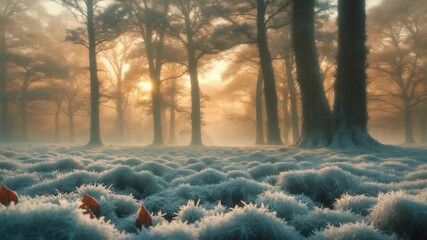 Serene forest landscape at sunrise with frosty grass and mist showcasing trees with golden light filtering through foreground featuring soft blue-green moss and scattered red leaves on the ground in - Powered by Adobe