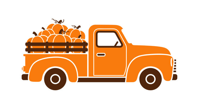 Bright orange pickup truck illustration loaded with pumpkins on a white background