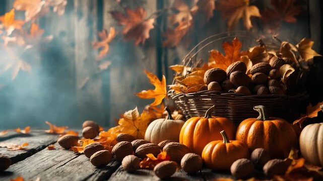 Warm autumn scene featuring vibrant orange pumpkins assorted nuts and falling leaves arranged on a rustic wooden table illuminated by soft natural light with a smoky background atmosphere