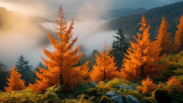 Scenic landscape of misty mountains at dawn featuring vibrant orange larch trees soft natural light illuminating mist and rocky terrain layered hills in the background creating depth with lush