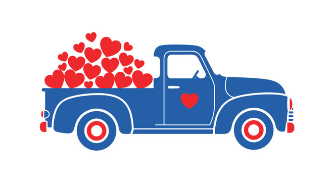 Blue pickup truck illustration filled with red hearts on a white background