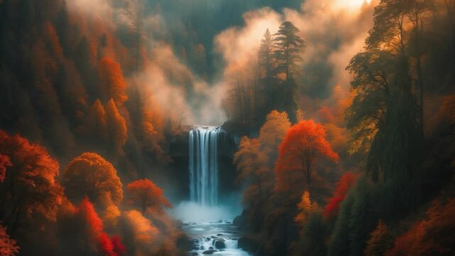 Majestic waterfall cascading through colorful autumn forest filled with vibrant orange and red trees enveloped in soft mist under warm light surrounded by tranquil river flowing between rocks and