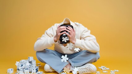 Person in bright clothing sits on a yellow background surrounded by disassembled white cubes — emotion of bewilderment and playful deconstructive props.