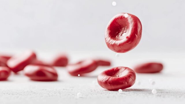 Cluster of red blood cells on a light background: biconcave discs mid-air, emphasis on erythrocyte shape and their dynamics.