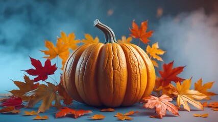 Brightly colored orange pumpkin surrounded by vibrant autumn leaves in a softly lit studio setting showcasing a clear focus on the pumpkin with a misty blue background highlighting the textures and