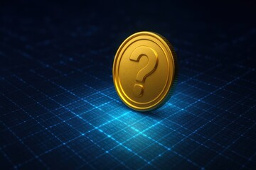 Gold coin with question mark symbolizes investment opportunities and wealth, representing safe asset for future growth