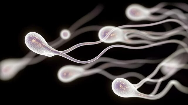 Multiple motile spermatozoa on a dark background; emphasis on flagella, tails, swimming trajectories and microscopic dynamics of reproductive cells.