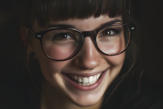 Portrait of a young woman with glasses smiling in a dark setting - Powered by Adobe