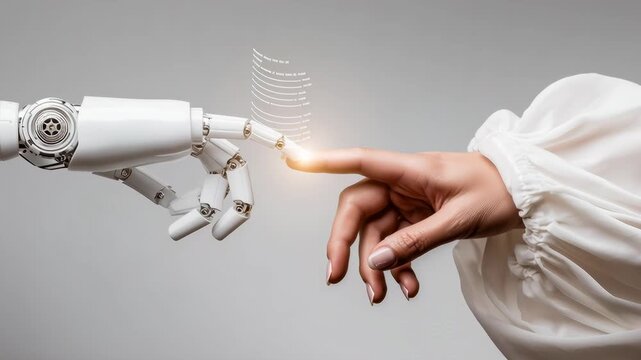 Contact between robot and human &mdash; robotic hand meets a human finger; visualized waves, signals between them symbolize data transfer and haptic feedback.