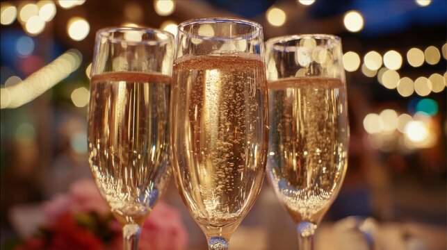 Three glasses of sparkling champagne in a festive setting