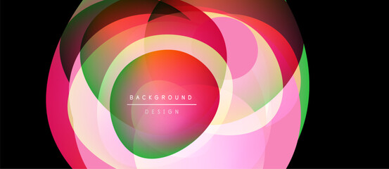 Fototapeta premium Abstract colorful layers create dynamic circular design. Soft gradients blend, forming modern background element. Text reads background design.