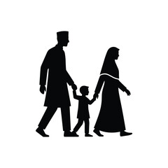 Muslim Parents Holding Child’s Hands – Simple Islamic Family Silhouette Vector