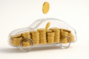 Transparent car filled with gold coins symbolizes investment and wealth, showcasing gold as safe asset for financial growth