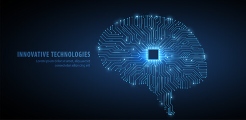 Brain-shaped circuit board with chip. Artificial intelligence, Digital memory, Deep neural network education technology, Brain connect, AI data analysis, Futuristic tech, AI concept

