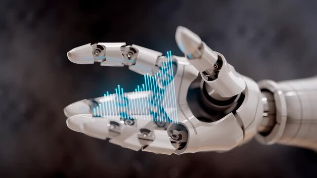 Close-up of a robotic hand/manipulator with visible phalanges and sensors; an overlaid digital chart, trend highlights the link between robotics and data, fintech.