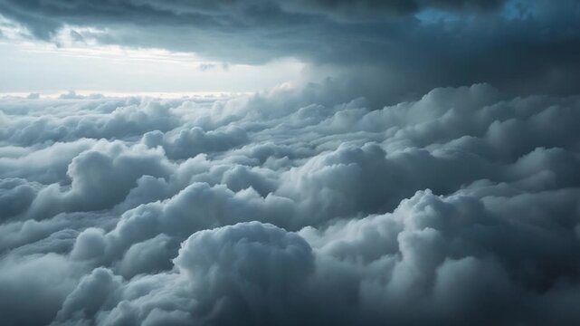 Aerial view of soft fluffy gray clouds drifting in the sky showcasing shifting cloud formations illuminated by soft natural light with a rich gradient of blues and grays during daytime