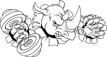 A rhino rhinoceros weight lifting trainer, exercise or body building gym cartoon sports mascot holding weights dumbbell