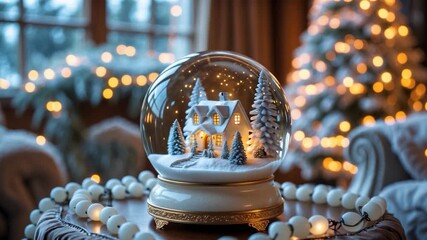 Close-up of an intricately designed snow globe featuring a cozy white cottage surrounded by lightly dusted snow and evergreen trees set against a warmly lit living room backdrop with shimmering fairy