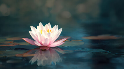 Delicate pink water lily floating on tranquil water.