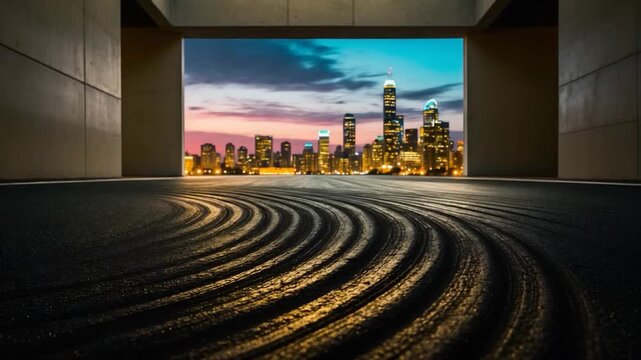 Wide view of a vibrant city skyline during sunset with dynamic tire track patterns on the asphalt surface showcasing smooth textures and soft lighting transitioning to twilight highlighting urban