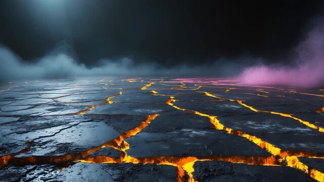 Expanding cracks in a dark volcanic terrain revealing glowing lava beneath surrounded by swirling clouds of mist and smoke transitioning from muted tones to vibrant orange and purple highlights